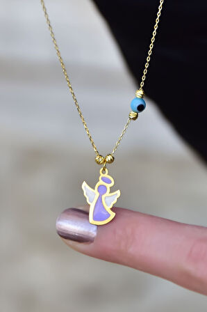 925 Ayar Gümüş Gold Kaplama Parlayan Rüya Serisi Tasarım Gözlü Lila Ebruli Cam Boyalı Melek Kolye