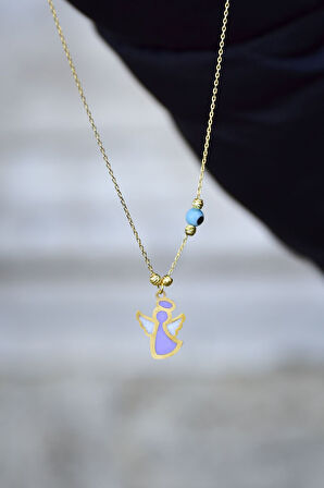 925 Ayar Gümüş Gold Kaplama Parlayan Rüya Serisi Tasarım Gözlü Lila Ebruli Cam Boyalı Melek Kolye