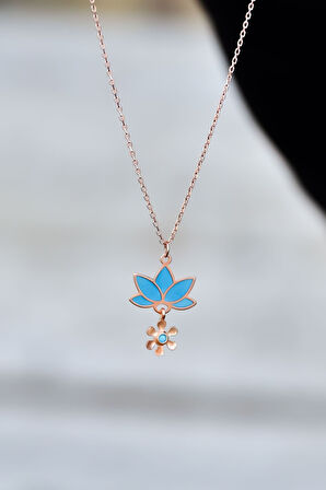 925 Ayar Gümüş Rose Kaplama Parlayan Rüya Serisi Tasarım Ebruli Cam Boyalı Lotus Kolye