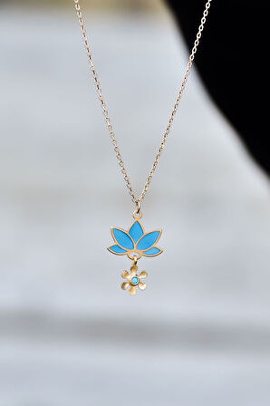 925 Ayar Gümüş Gold Kaplama Parlayan Rüya Serisi Tasarım Ebruli Cam Boyalı Lotus Kolye