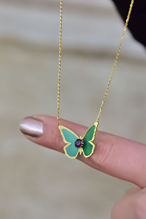 925 Ayar Gümüş Gold Kaplama Doğum Taşlı Parlayan Rüya Serisi Tasarım Ebruli Cam Boyalı Kelebek Kolye