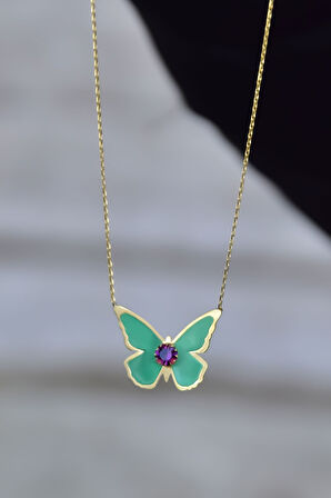 925 Ayar Gümüş Gold Kaplama Doğum Taşlı Parlayan Rüya Serisi Tasarım Ebruli Cam Boyalı Kelebek Kolye