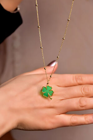 925 Ayar Gümüş Gold Kaplama Top Zincir Parlayan Rüya Serisi Tasarım Ebruli Cam Boyalı Yonca Kolye