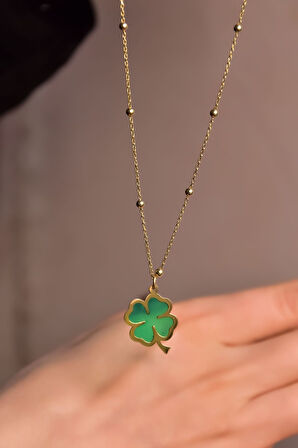 925 Ayar Gümüş Gold Kaplama Top Zincir Parlayan Rüya Serisi Tasarım Ebruli Cam Boyalı Yonca Kolye