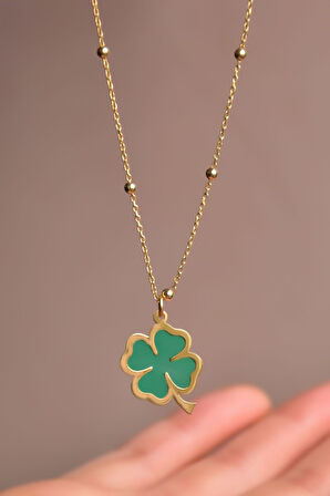 925 Ayar Gümüş Gold Kaplama Top Zincir Parlayan Rüya Serisi Tasarım Ebruli Cam Boyalı Yonca Kolye