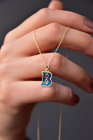 925 Ayar Gümüş Gold Kaplama Parlayan Rüya Serisi Tasarım Ebruli Cam Boyalı Mavi B Harfi Kolye