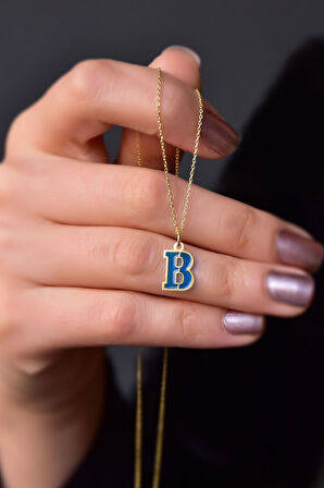 925 Ayar Gümüş Gold Kaplama Parlayan Rüya Serisi Tasarım Ebruli Cam Boyalı Mavi B Harfi Kolye