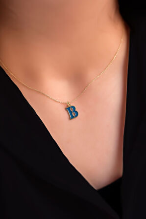 925 Ayar Gümüş Gold Kaplama Parlayan Rüya Serisi Tasarım Ebruli Cam Boyalı Mavi B Harfi Kolye