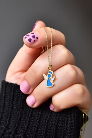 925 Ayar Gümüş Gold Kaplama Parlayan Rüya Serisi Tasarım Beyaz-mavi Ebruli Cam Boyalı Melek Kolye