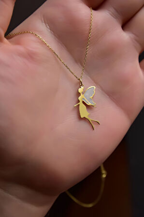 925 Ayar Gümüş Gold Kaplama Parlayan Rüya Serisi Beyaz Kanatlı Ebruli Cam Boyalı Su Perisi Kolye