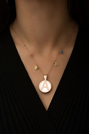 925 Ayar Gümüş Rose Kaplama Top Zincirli Tasarım Şans Parçalı Beyaz Zeminli A Harf Kolye