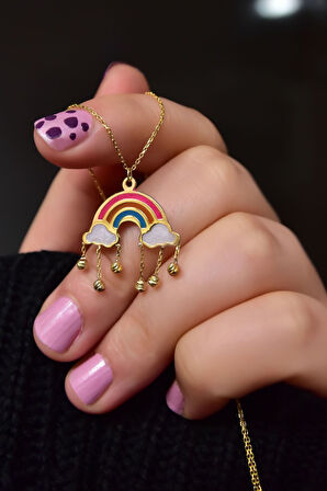 925 Ayar Gümüş Gold Kaplama Parlayan Rüya Serisi Renkli Ebruli Cam Boyalı Dorikalı Gökkuşağı Kolye