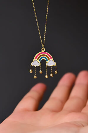 925 Ayar Gümüş Gold Kaplama Parlayan Rüya Serisi Renkli Ebruli Cam Boyalı Dorikalı Gökkuşağı Kolye