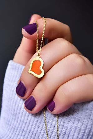 925 Ayar Gümüş Gold Kaplama Parlayan Rüya Serisi Tasarım Renkli Ebruli Turuncu Cam Boyalı Kalp Kolye