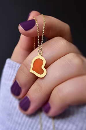 925 Ayar Gümüş Gold Kaplama Parlayan Rüya Serisi Tasarım Renkli Ebruli Turuncu Cam Boyalı Kalp Kolye