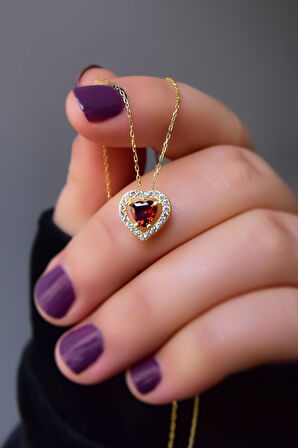 925 Ayar Gümüş Gold Kaplama Ocak Ayı Doğum Taşı Kalp Montür Kolye