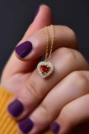 925 Ayar Gümüş Gold Kaplama Ocak Ayı Doğum Taşı Kalp Montür Kolye