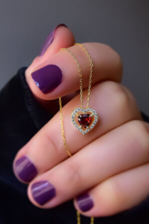 925 Ayar Gümüş Gold Kaplama Ocak Ayı Doğum Taşı Kalp Montür Kolye