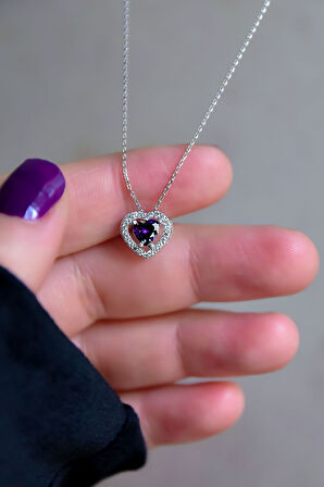 925 Ayar Gümüş Rodyum Kaplama Şubat Ayı Doğum Taşı Kalp Montür Kolye