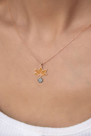 925 Ayar Gümüş Rose Kaplama Parlayan Rüya Serisi Tasarım Ebruli Cam Boyalı Möntür Çiçek, Lotus Kolye