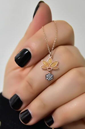 925 Ayar Gümüş Rose Kaplama Parlayan Rüya Serisi Tasarım Ebruli Cam Boyalı Möntür Çiçek, Lotus Kolye