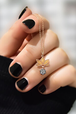 925 Ayar Gümüş Rose Kaplama Parlayan Rüya Serisi Tasarım Ebruli Cam Boyalı Möntür Çiçek, Lotus Kolye