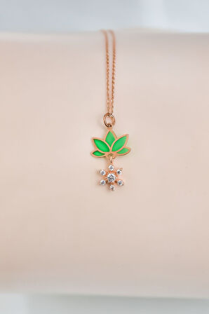 925 Ayar Gümüş Rose Kaplama Parlayan Rüya Serisi Tasarım Ebruli Cam Boyalı Mini Çiçek, Lotus Kolye