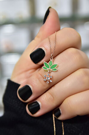 925 Ayar Gümüş Rose Kaplama Parlayan Rüya Serisi Tasarım Ebruli Cam Boyalı Mini Çiçek, Lotus Kolye