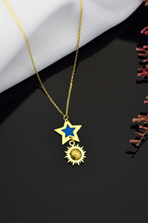 925 Ayar Gümüş Gold Kaplama Parlayan Rüya Serisi Ebruli Cam Boyalı Yıldız Güneş Kolye
