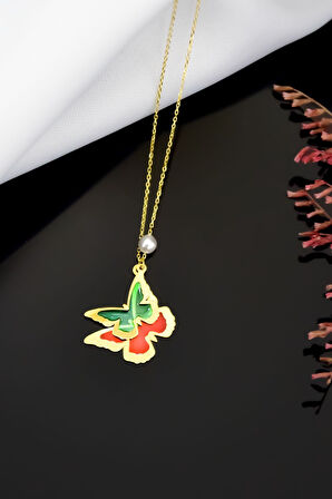 925 Ayar Gümüş Gold Kaplama Incili Rüya Serisi Ebruli Cam Boyalı Ikili Kelebek Kolye