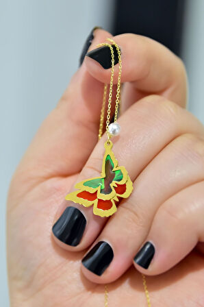 925 Ayar Gümüş Gold Kaplama Incili Rüya Serisi Ebruli Cam Boyalı Ikili Kelebek Kolye