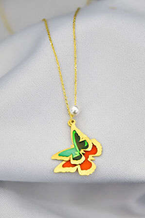 925 Ayar Gümüş Gold Kaplama Incili Rüya Serisi Ebruli Cam Boyalı Ikili Kelebek Kolye