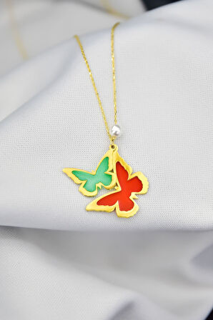 925 Ayar Gümüş Gold Kaplama Incili Rüya Serisi Ebruli Cam Boyalı Ikili Kelebek Kolye