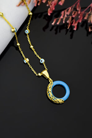 925 Ayar Gümüş Altın Kaplama Mineli Göz Zincir Ejderha Desenli Turkuaz Simit Kolye