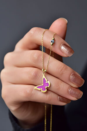 925 Ayar Gümüş Dorika Gözlü Parlayan Rüya Serisi Tasarım Ebruli Cam Boyalı Kelebek Kolye