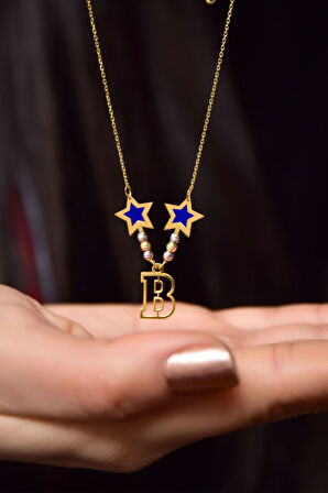 925 Ayar Gümüş Dorikalı Parlayan Rüya Serisi Tasarım Ebruli Cam Boyalı Yıldız Harfli Kolye