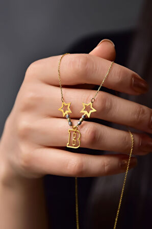 925 Ayar Gümüş Gold Kaplama Tasarım Dorikalı Yıldız Harfli Kolye