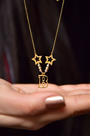 925 Ayar Gümüş Gold Kaplama Tasarım Dorikalı Yıldız Harfli Kolye