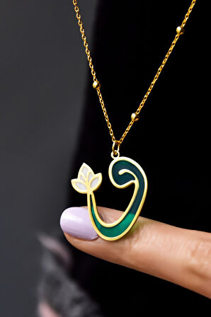 925 Ayar Gümüş Gold Kaplama Toplu Parlayan Rüya Serisi Tasarım Ebruli Cam Boyalı Laleli Vav Kolye