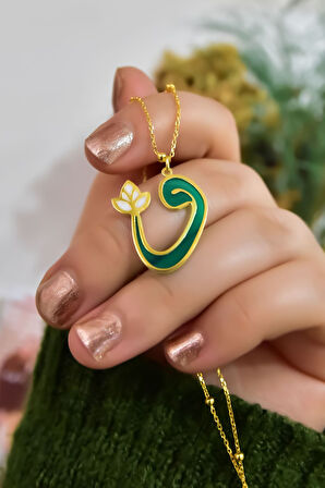 925 Ayar Gümüş Gold Kaplama Toplu Parlayan Rüya Serisi Tasarım Ebruli Cam Boyalı Laleli Vav Kolye