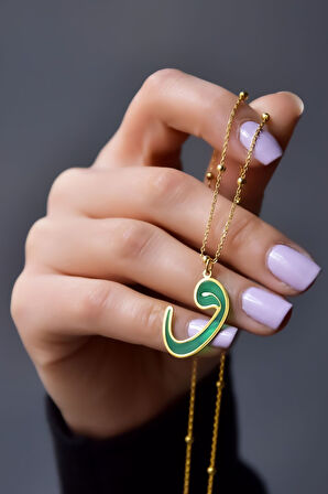 925 Ayar Gümüş Gold Kaplama Toplu Parlayan Rüya Serisi Tasarım Ebruli Cam Boyalı Vav Kolye