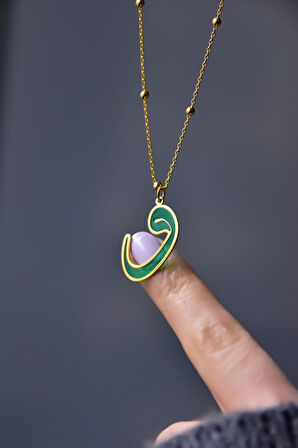 925 Ayar Gümüş Gold Kaplama Toplu Parlayan Rüya Serisi Tasarım Ebruli Cam Boyalı Vav Kolye