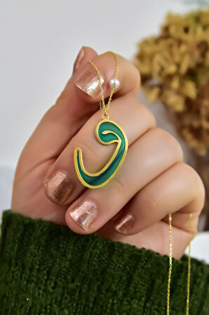 925 Ayar Gümüş Gold Kaplama Incili Parlayan Rüya Serisi Tasarım Ebruli Cam Boyalı Vav Kolye