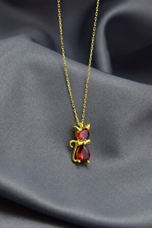 925 Ayar Gümüş Gold Kaplama Ocak Ayı Doğum Taşlı Kedi Kolye