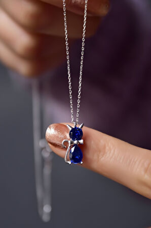 925 Ayar Gümüş Rodyum Kaplama Eylül Ayı Doğum Taşlı Kedi Kolye