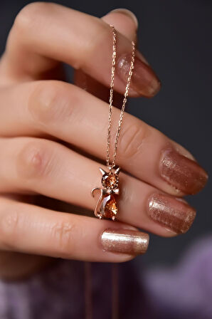 925 Ayar Gümüş Rose Kaplama Kasım Ayı Doğum Taşlı Kedi Kolye