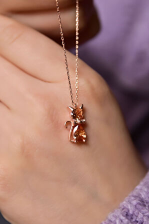 925 Ayar Gümüş Rose Kaplama Kasım Ayı Doğum Taşlı Kedi Kolye