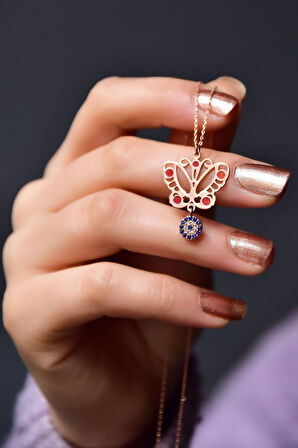 925 Ayar Gümüş Rose Kaplama Sallantılı Nazar Boncuğu , Mineli Kelebek Kolye