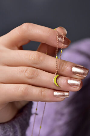 925 Ayar Gümüş Rose Kaplama Sarı Mineli Hilal Kolye