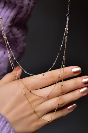 925 Ayar Gümüş Üç Renk Halkalı Üç Zincir Toplu Kolye